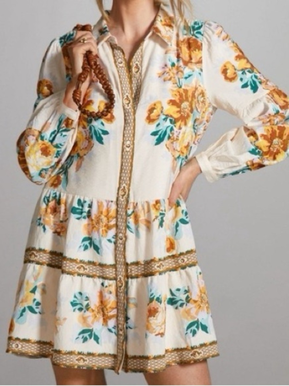 Anthropologie Cream Mini Dress with Mustard Floral Print